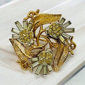 Vintage Crown Trifari Signed Retro Gold Thistle Flower Rhinestone Brooch
